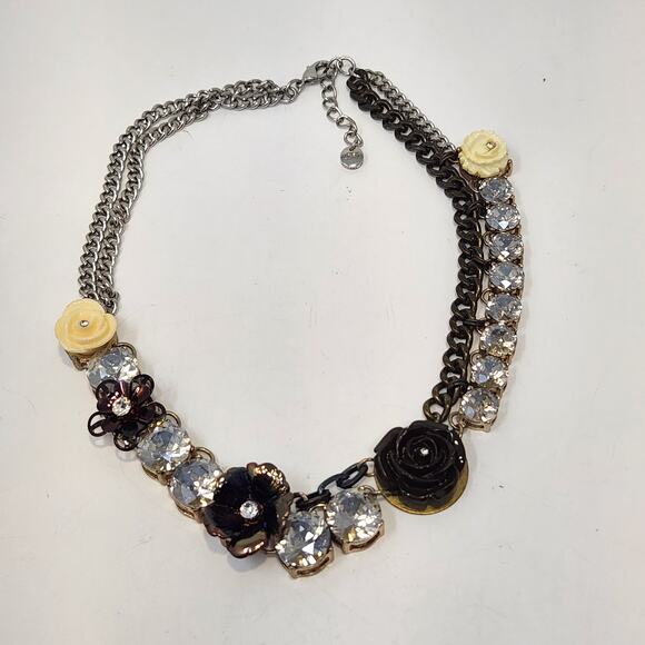 LOFT Flower Rhinestone Multi Tone Statement Chain Necklace Adjustable Chunky - Picture 5 of 8